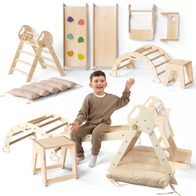Set 6in1 Montessori per arrampicata: Triangolo di Pikler, Arco, Aggiunta Artistica + Tavola scivolo e Cuscino – per bambini da 1 a 3 anni