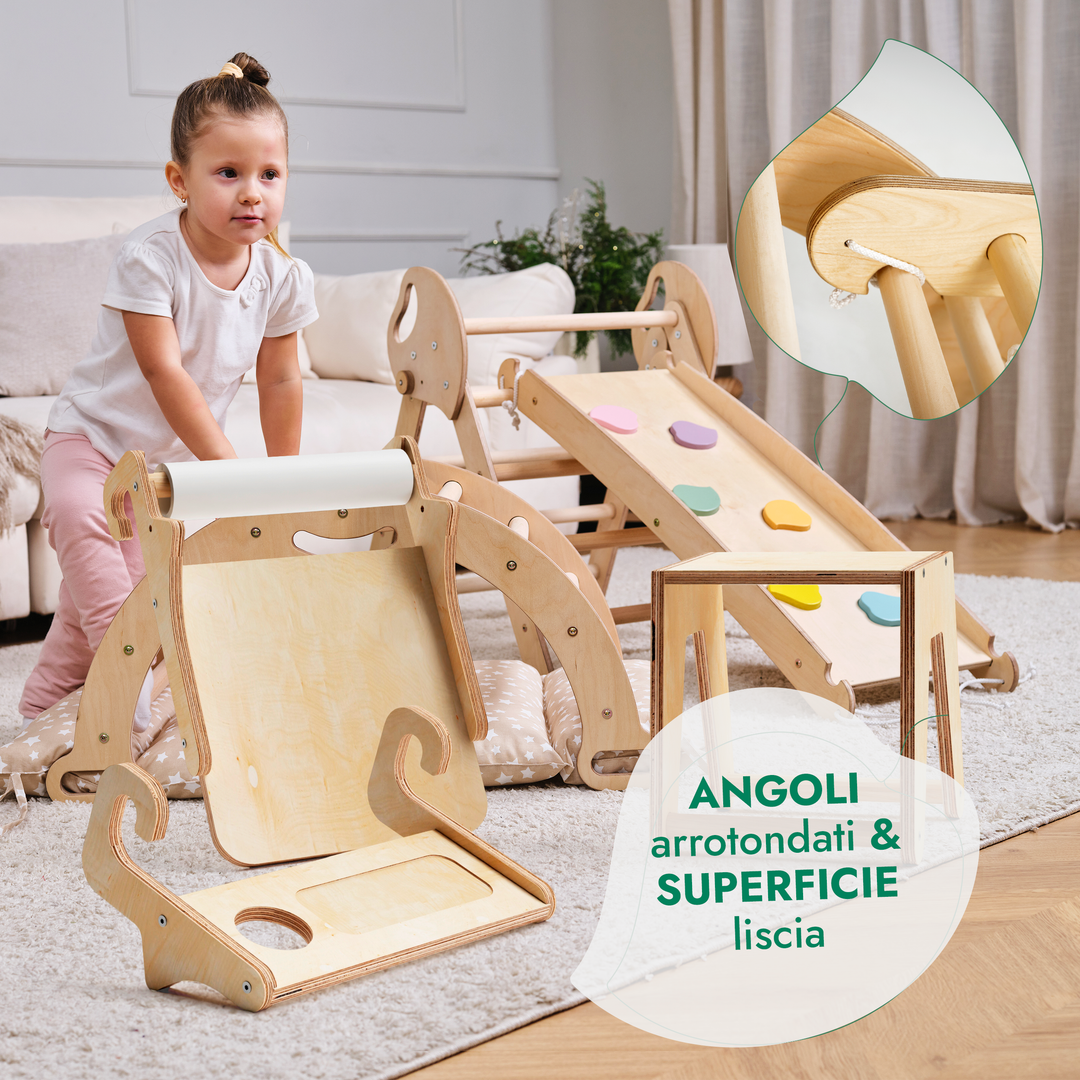 Set 5in1 Montessori per arrampicata: Triangolo di Pikler, Arco, Aggiunta Artistica + Tavola scivolo e Cuscino – per bambini da 1 a 3 anni