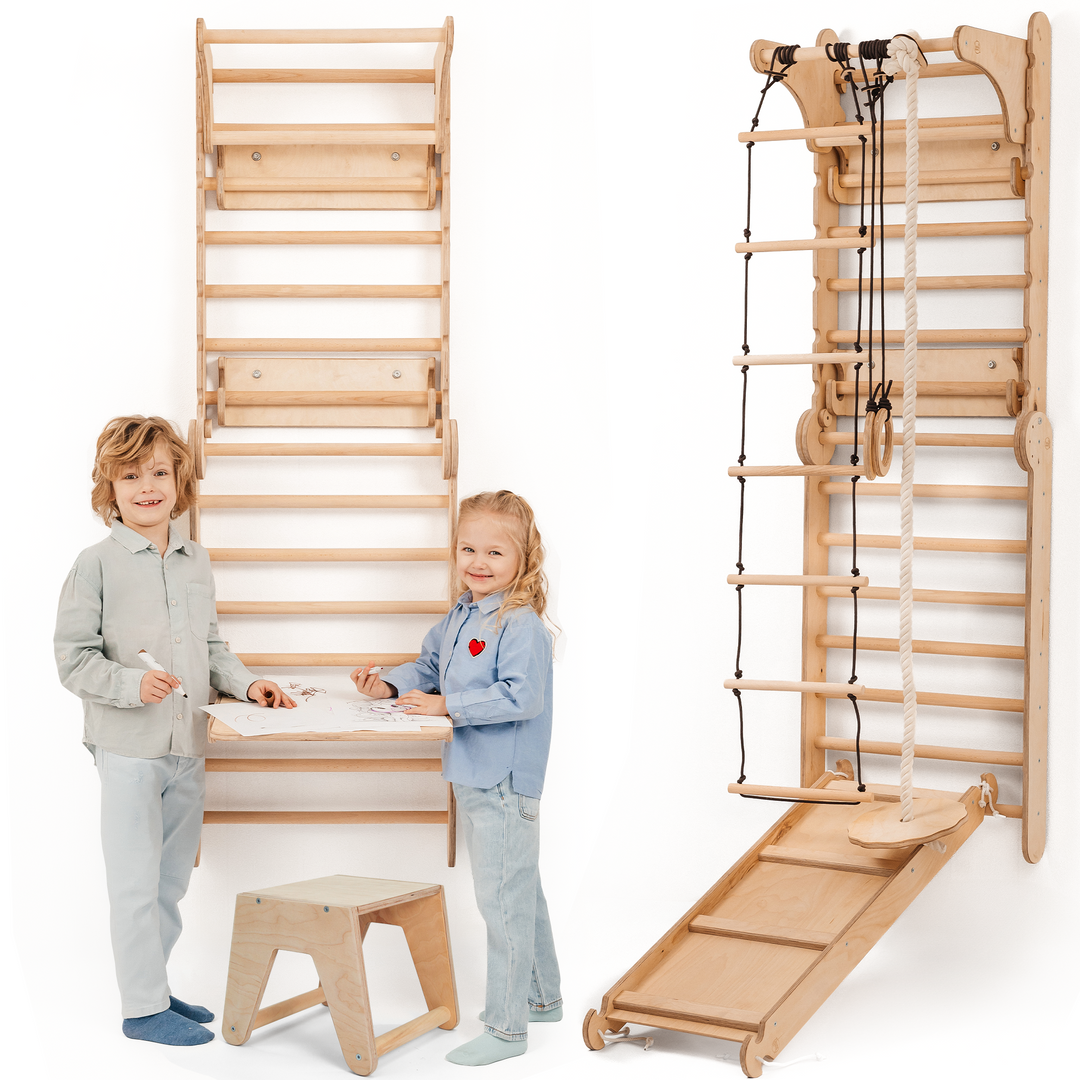 Spalliera Svedese / Scala Rampicante per Bambini + Set Dondolo + Tappetino Scivolo + Complemento Artistico