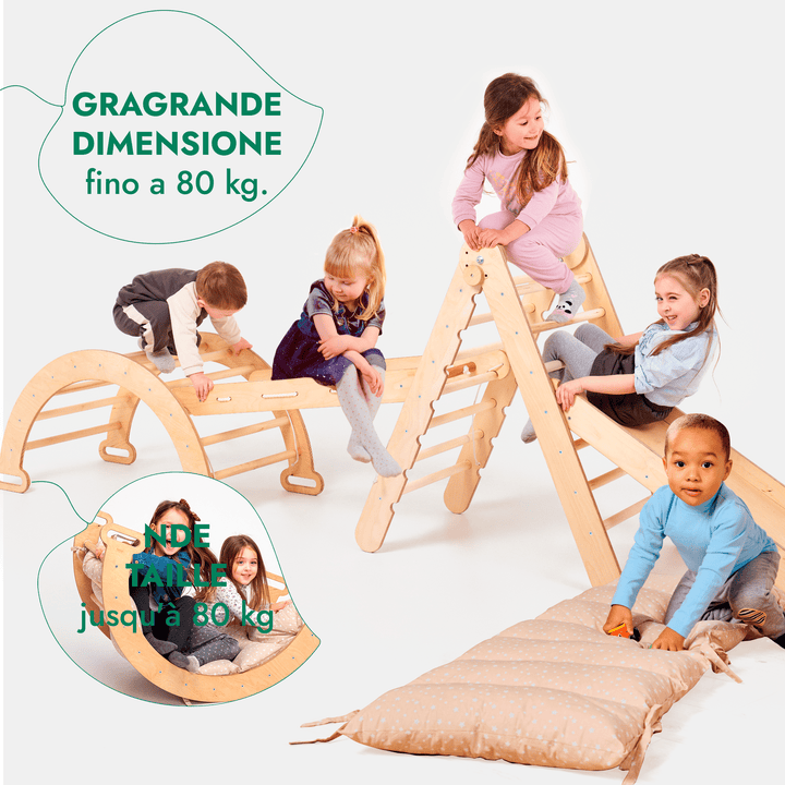 Set 5in1 Rampicante: Triangolo con scala, Arco/Dondolo, Tavola scivolo/Rampa, Rete da arrampicata e Cuscino