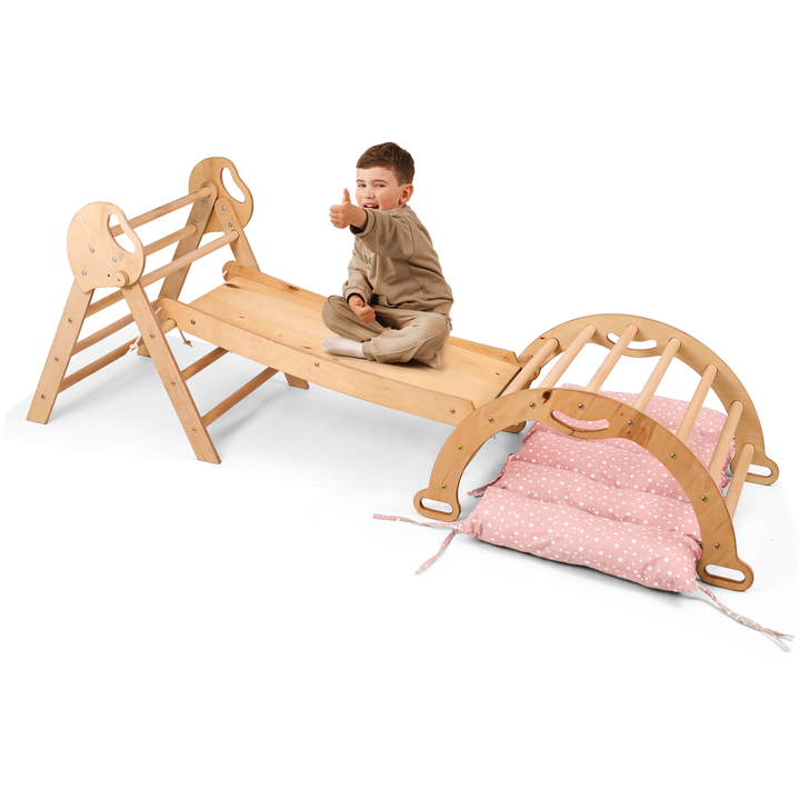 Set 4in1 Montessori per arrampicata: Triangolo di Pikler, Arco, Tavola scivolo e Cuscino – per bambini da 1 a 3 anni