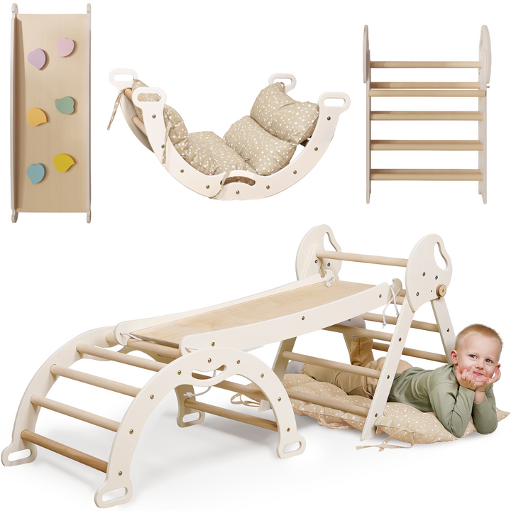 Set 4in1 Montessori per arrampicata: Triangolo di Pikler, Arco, Tavola scivolo e Cuscino – per bambini da 1 a 3 anni