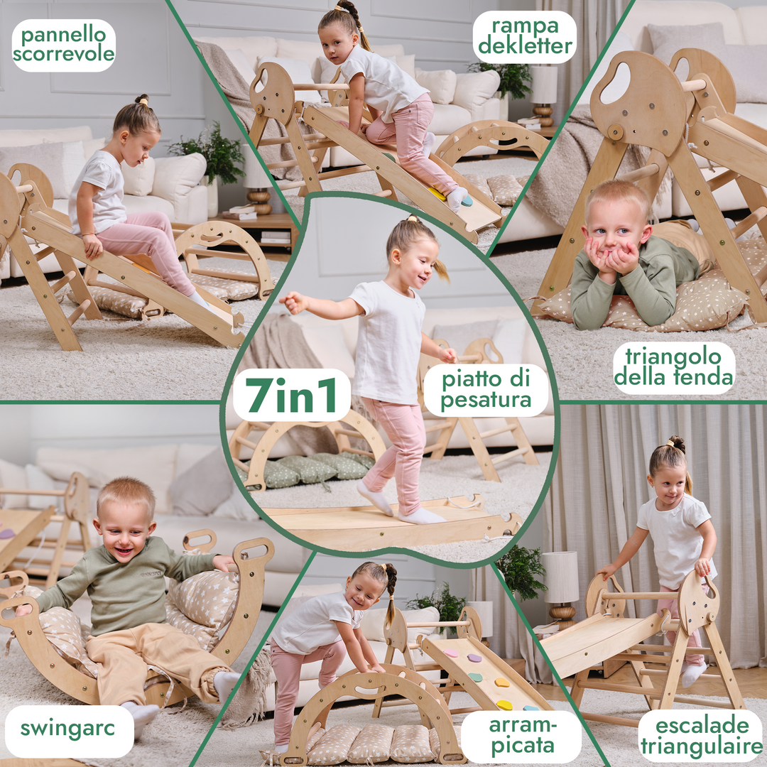Set 4in1 Montessori per arrampicata: Triangolo di Pikler, Arco, Tavola scivolo e Cuscino – per bambini da 1 a 3 anni