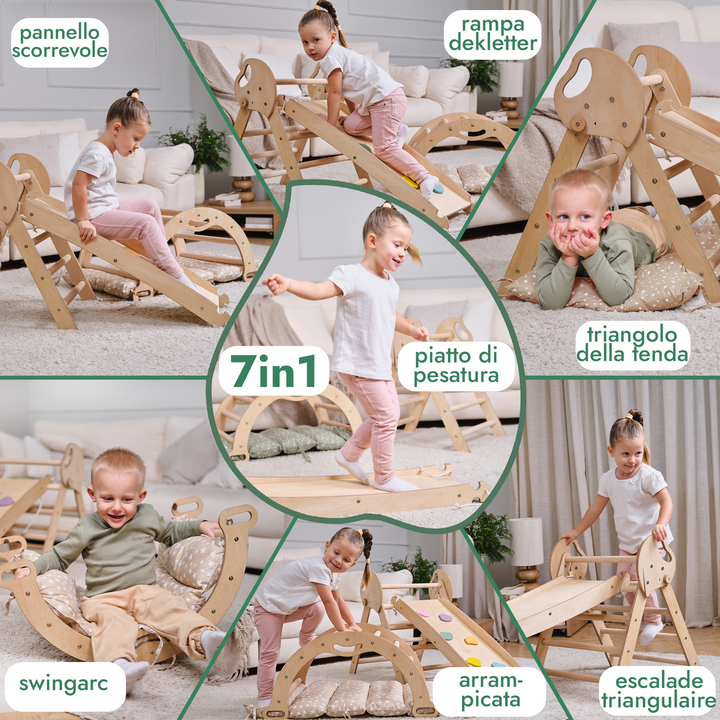 Set 4in1 Montessori per arrampicata: Triangolo di Pikler, Arco, Tavola scivolo e Cuscino – per bambini da 1 a 3 anni