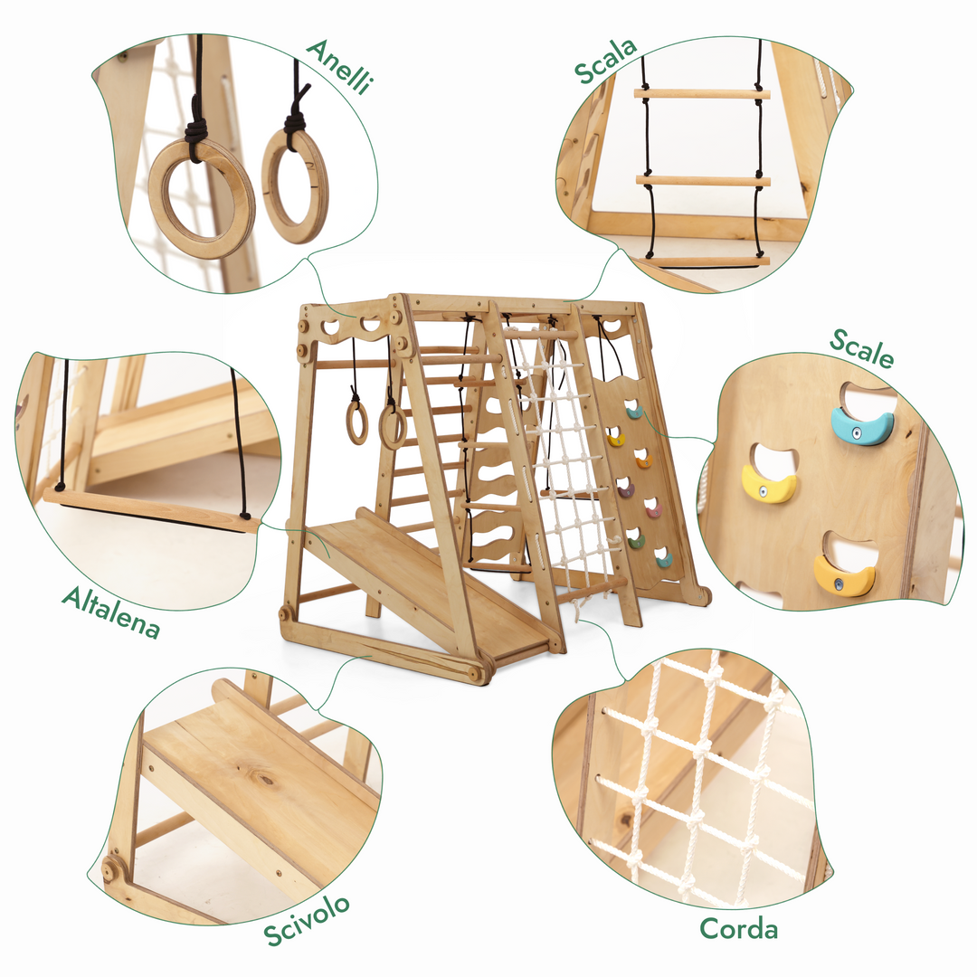 Set da Gioco Coperto per bambini 6in1: Parco Giochi + Altalena Doppia + Scivolo + Corda da Arrampicata + Scale