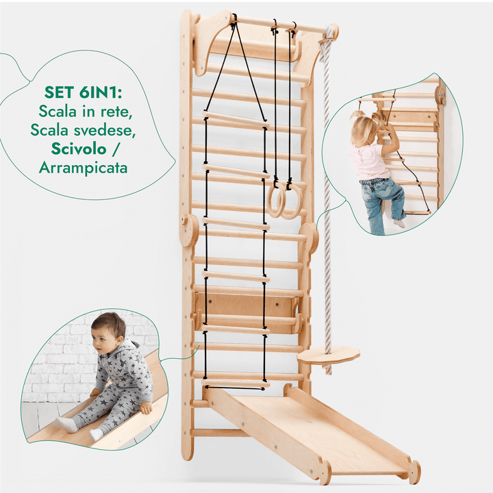 6in1 Spalliera Svedese in Legno / Scala da Arrampicata per Bambini + Set da Altalena + Tavola Scorrevole