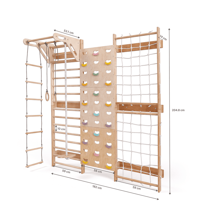 7-in-1 Parete da Arrampicata per Bambini: Spalliera, Prese, Rete, Sbarra Trazioni e Set Altalena 3in1