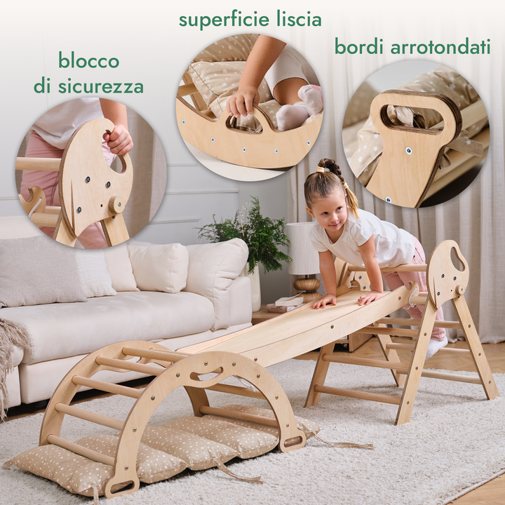 Set 4in1 Montessori per arrampicata: Triangolo di Pikler, Arco, Tavola scivolo e Cuscino – per bambini da 1 a 3 anni