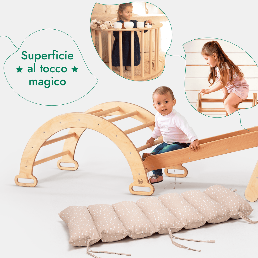 Set 5in1 Rampicante: Triangolo con scala, Arco/Dondolo, Tavola scivolo/Rampa, Rete da arrampicata e Cuscino