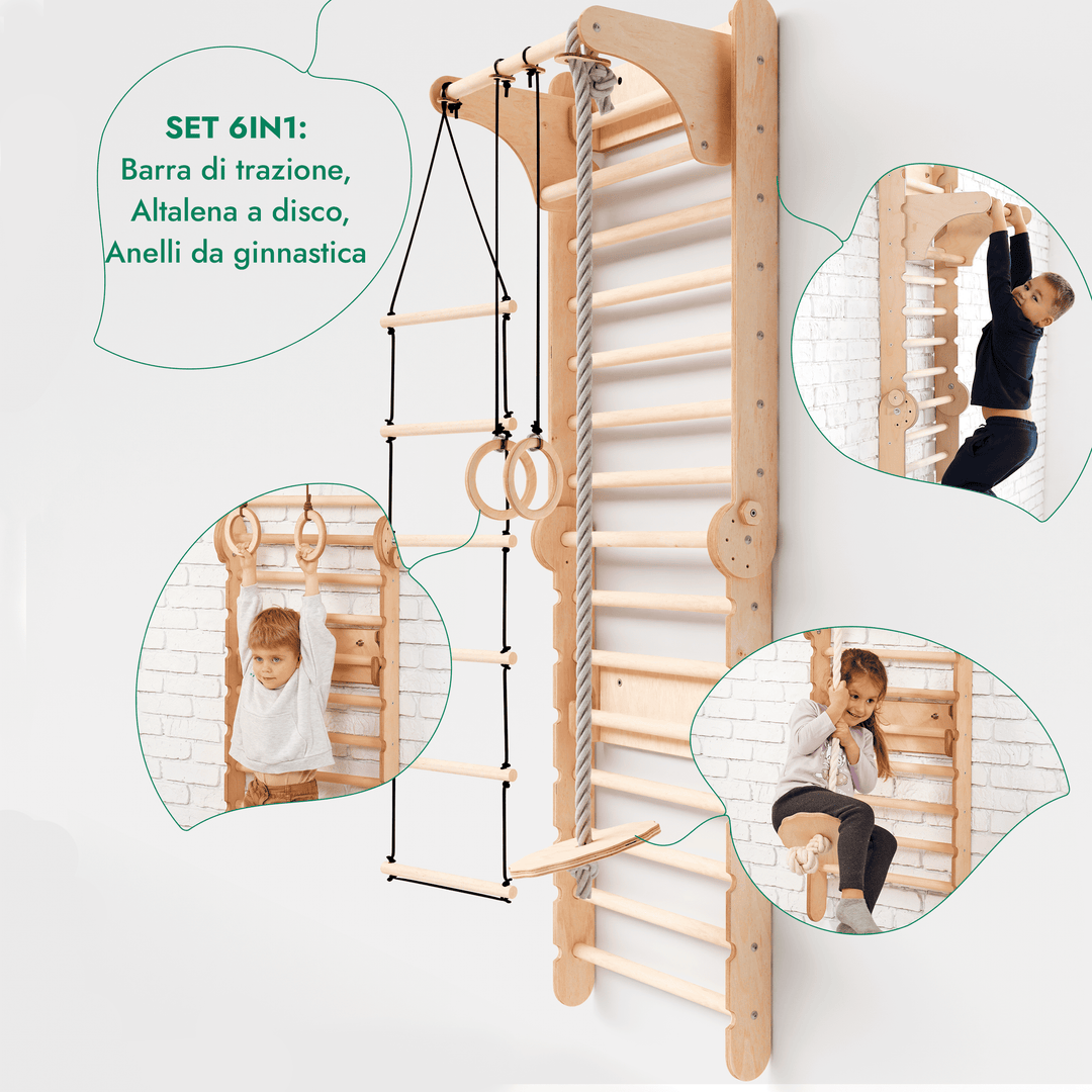 6in1 Spalliera Svedese in Legno / Scala da Arrampicata per Bambini + Set da Altalena + Tavola Scorrevole