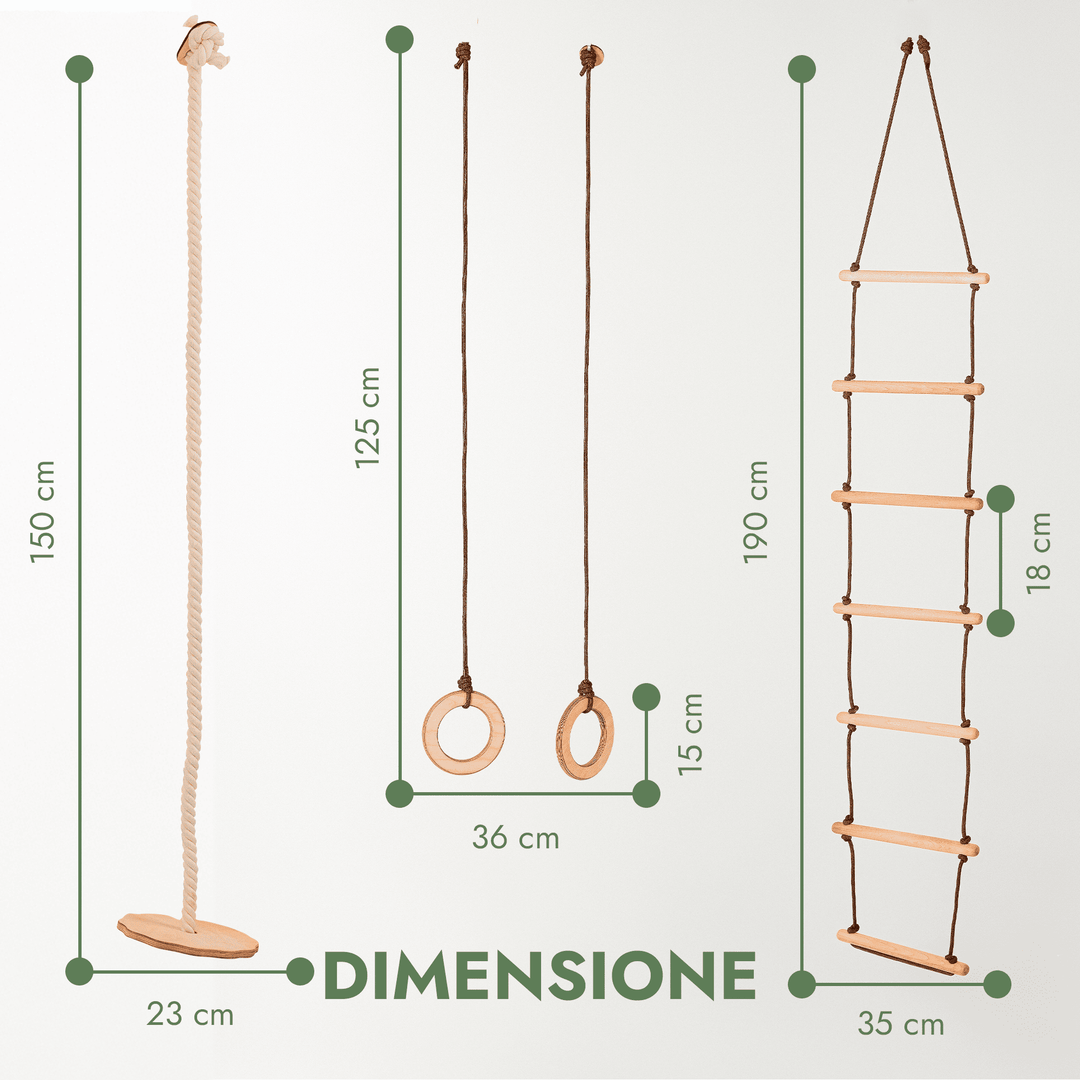 Set Altalene 3in1: Scala a Corda + Anelli da Ginnastica + Altalena a Disco