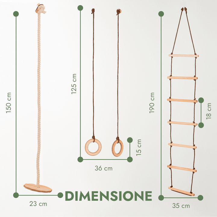 Set Altalene 3in1: Scala a Corda + Anelli da Ginnastica + Altalena a Disco