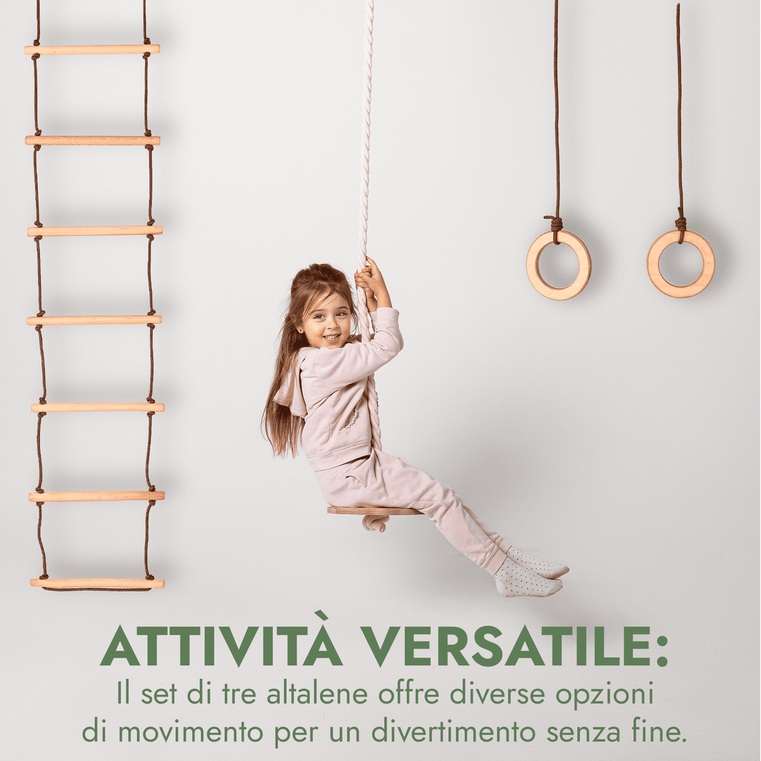 Set Altalene 3in1: Scala a Corda + Anelli da Ginnastica + Altalena a Disco