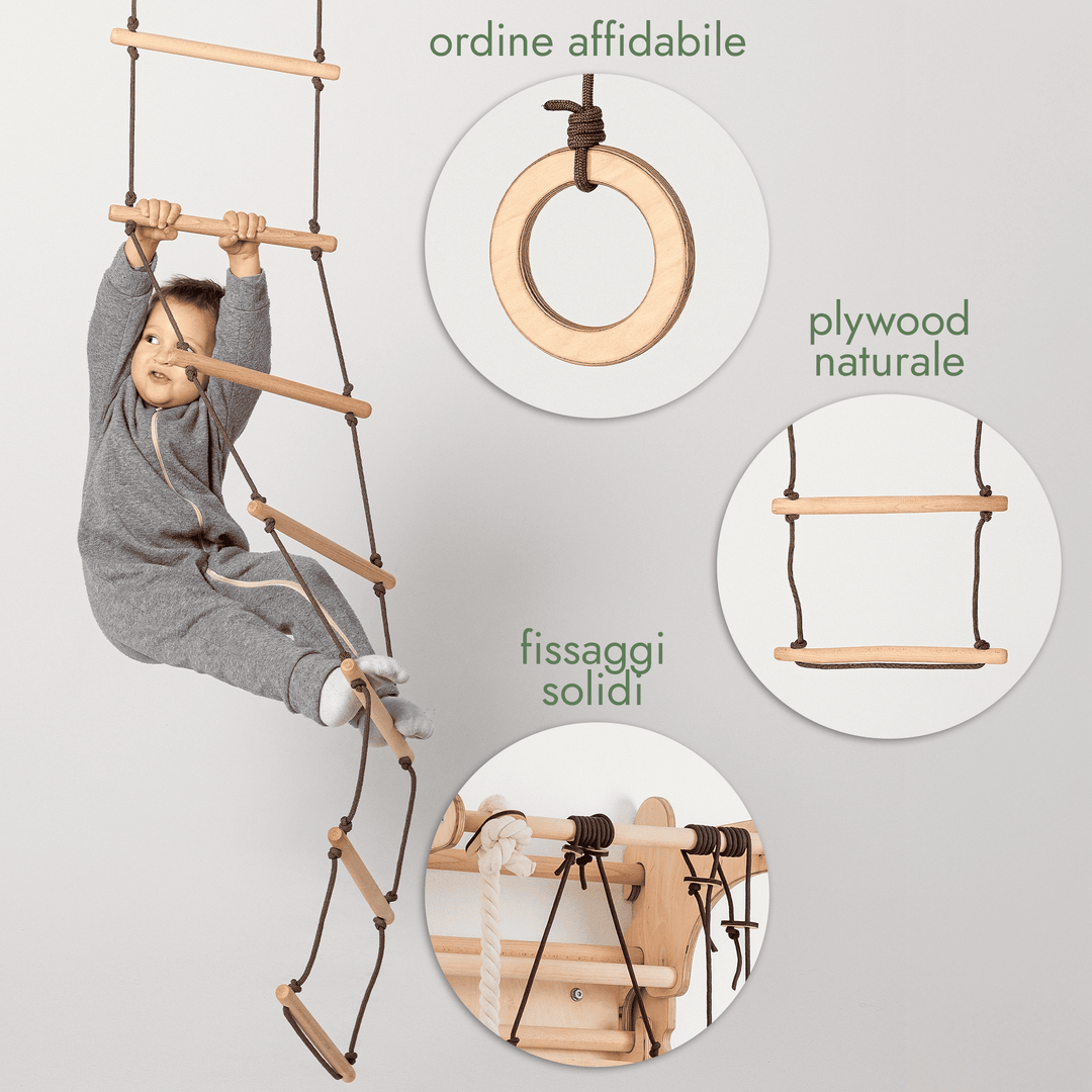 Set Altalene 3in1: Scala a Corda + Anelli da Ginnastica + Altalena a Disco