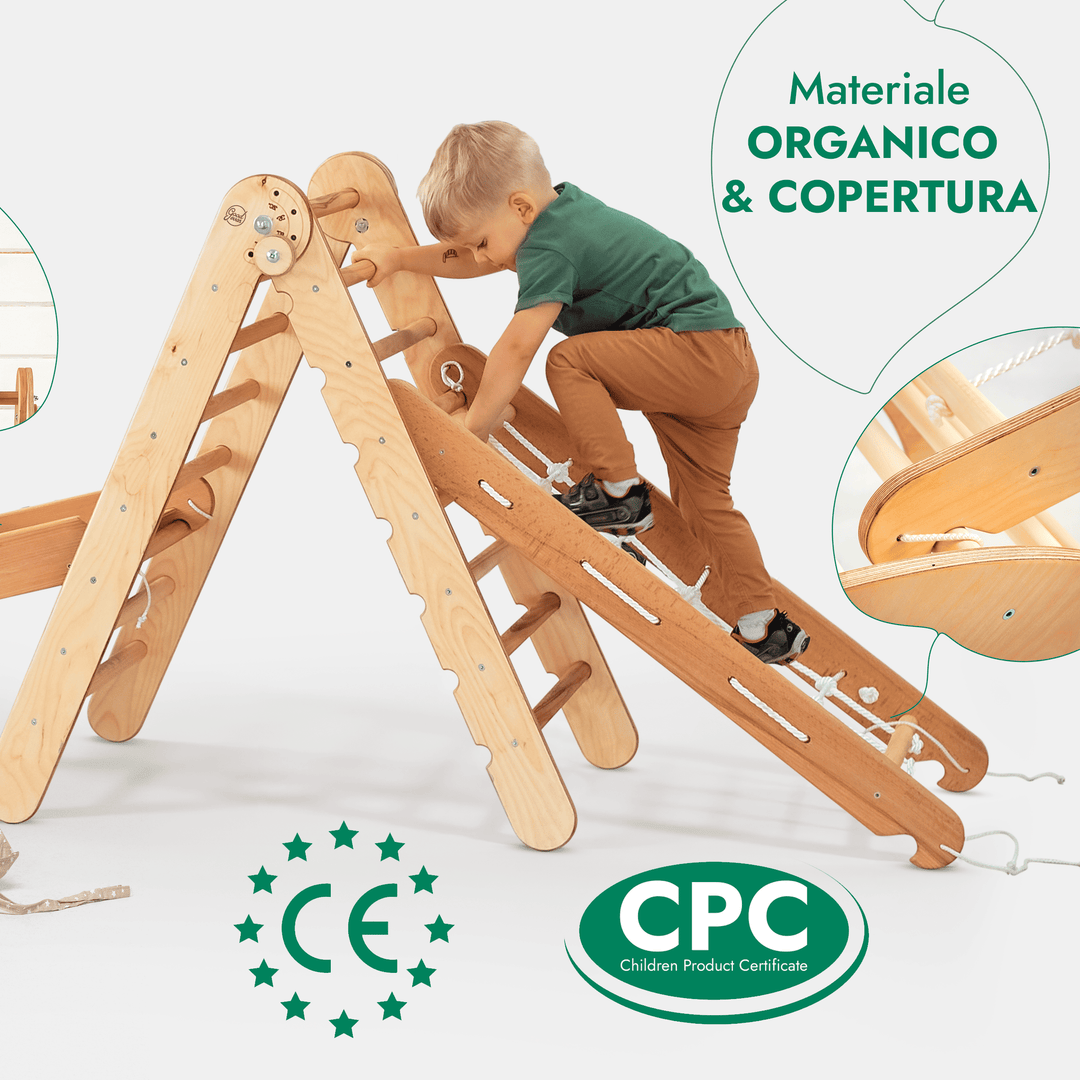 Set 5in1 Rampicante: Triangolo con scala, Arco/Dondolo, Tavola scivolo/Rampa, Rete da arrampicata e Cuscino