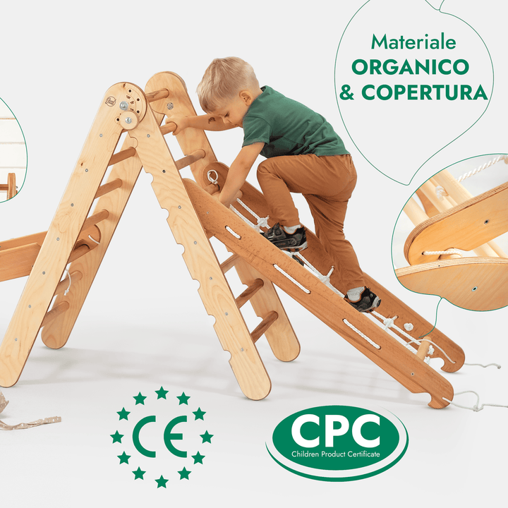 Set 5in1 Rampicante: Triangolo con scala, Arco/Dondolo, Tavola scivolo/Rampa, Rete da arrampicata e Cuscino