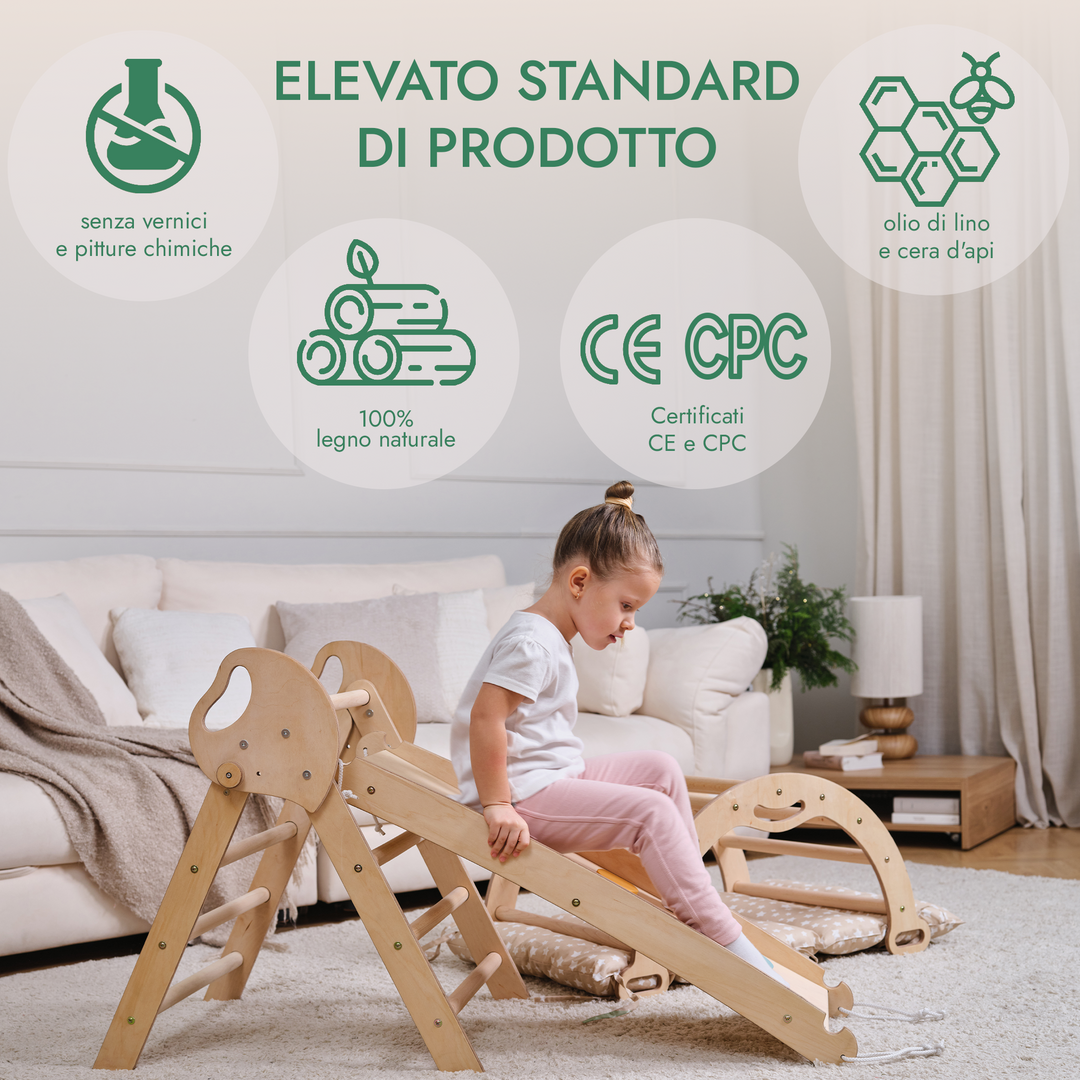 Set 4in1 Montessori per arrampicata: Triangolo di Pikler, Arco, Tavola scivolo e Cuscino – per bambini da 1 a 3 anni