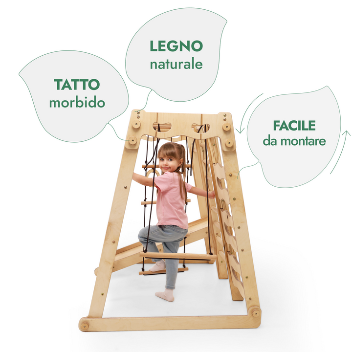 Set da Gioco Coperto per bambini 6in1: Parco Giochi + Altalena Doppia + Scivolo + Corda da Arrampicata + Scale