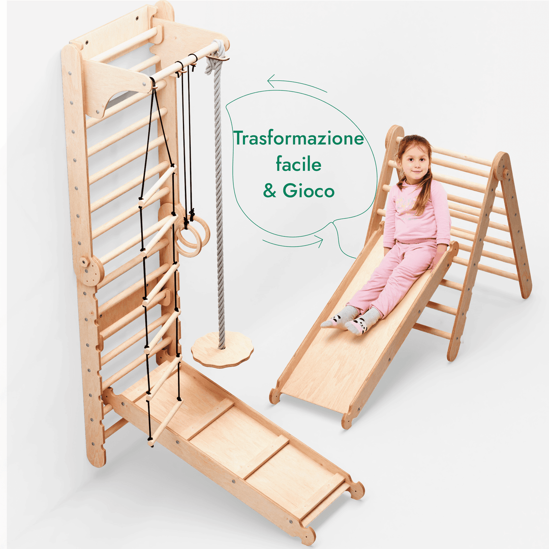 6in1 Spalliera Svedese in Legno / Scala da Arrampicata per Bambini + Set da Altalena + Tavola Scorrevole