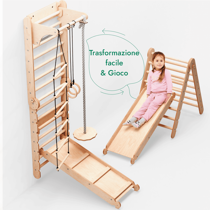 6in1 Spalliera Svedese in Legno / Scala da Arrampicata per Bambini + Set da Altalena + Tavola Scorrevole