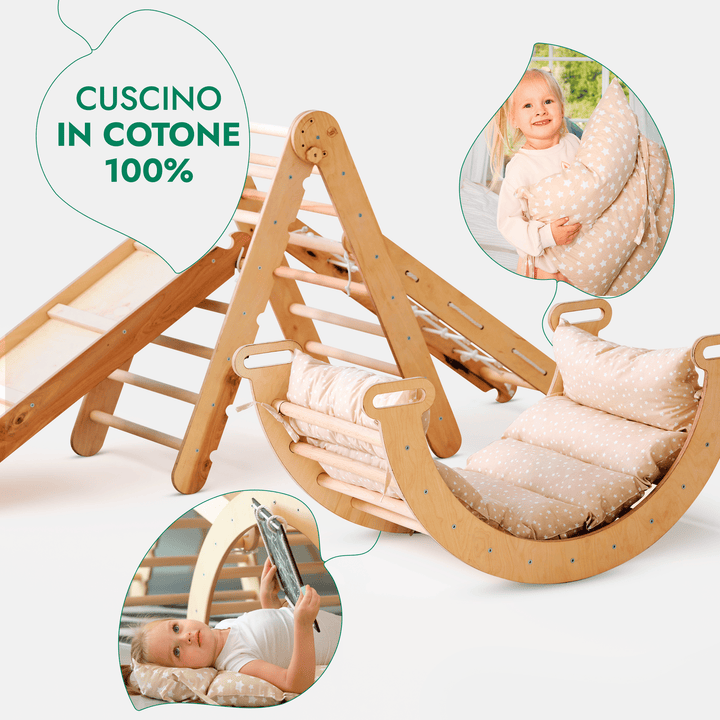 Set 5in1 Rampicante: Triangolo con scala, Arco/Dondolo, Tavola scivolo/Rampa, Rete da arrampicata e Cuscino