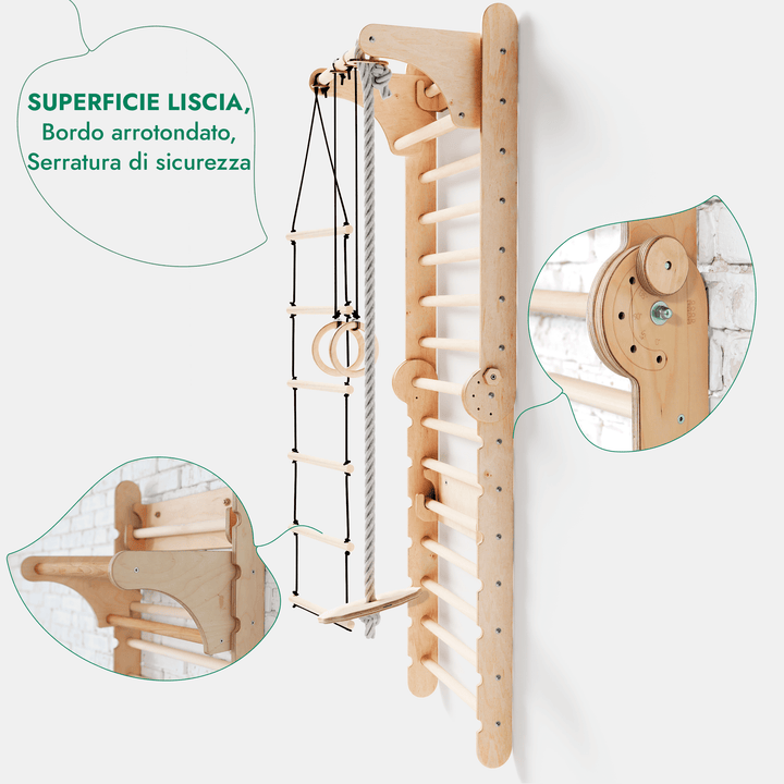 6in1 Spalliera Svedese in Legno / Scala da Arrampicata per Bambini + Set da Altalena + Tavola Scorrevole
