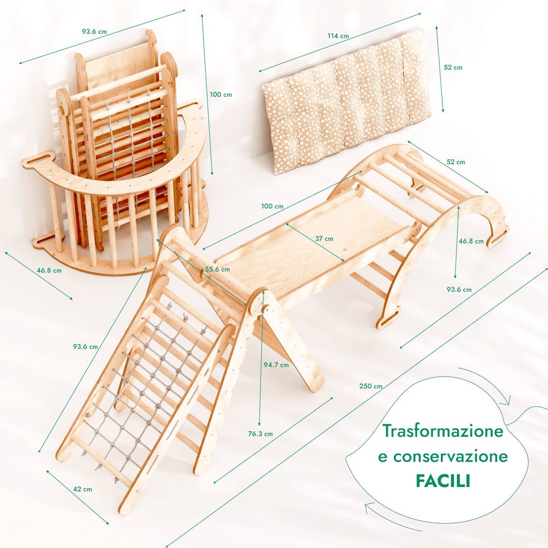 Set 5in1 Rampicante: Triangolo con scala, Arco/Dondolo, Tavola scivolo/Rampa, Rete da arrampicata e Cuscino