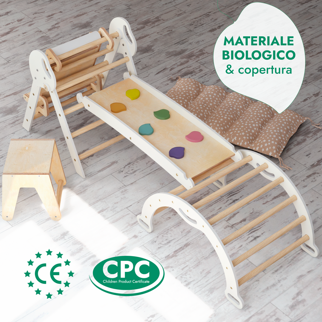 Set 5in1 Montessori per arrampicata: Triangolo di Pikler, Arco, Aggiunta Artistica + Tavola scivolo e Cuscino – per bambini da 1 a 3 anni