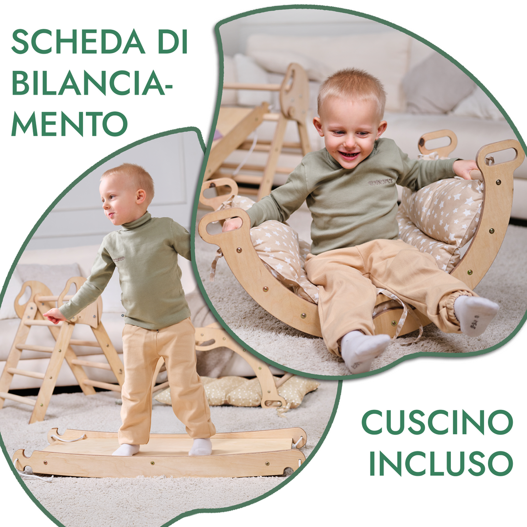 Set 4in1 Montessori per arrampicata: Triangolo di Pikler, Arco, Tavola scivolo e Cuscino – per bambini da 1 a 3 anni