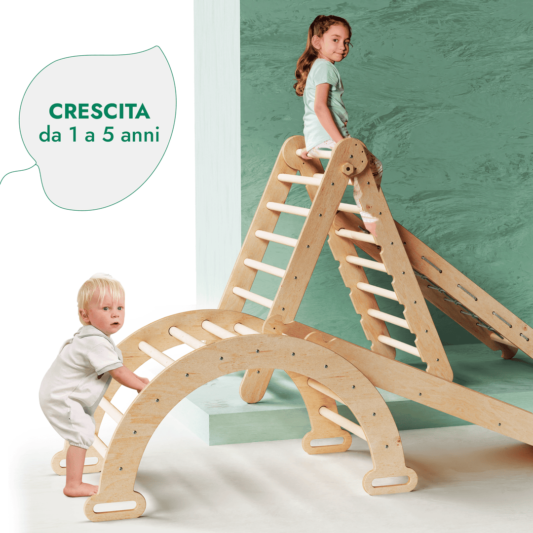 Set 4in1 Rampicante Montessor: Scala a Triangolo + Arco/Dondolo + Tavola/Rampa Scorrevole + Corda da Arrampicata
