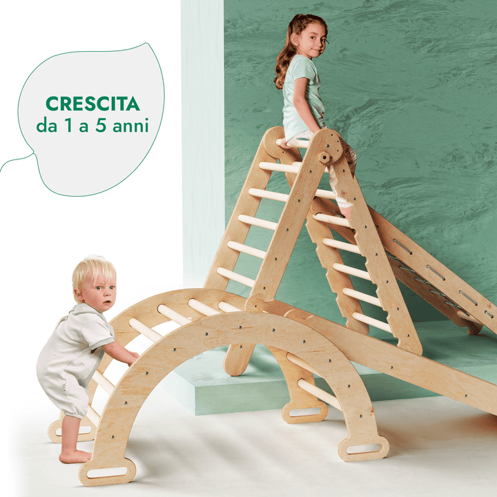 Set 4in1 Rampicante Montessor: Scala a Triangolo + Arco/Dondolo + Tavola/Rampa Scorrevole + Corda da Arrampicata