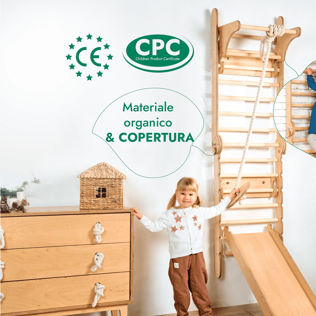6in1 Spalliera Svedese in Legno / Scala da Arrampicata per Bambini + Set da Altalena + Tavola Scorrevole