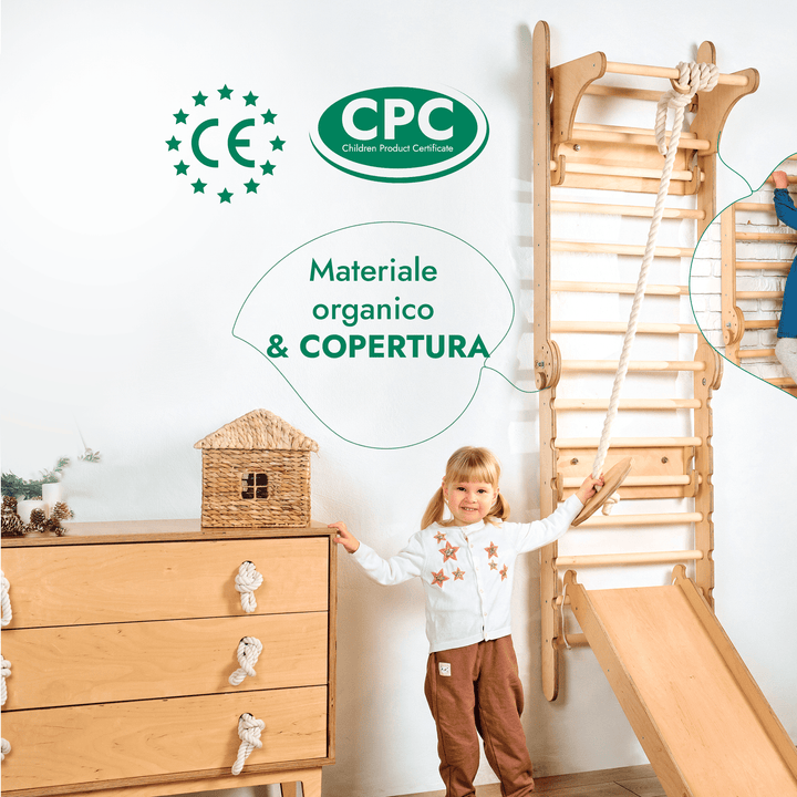 6in1 Spalliera Svedese in Legno / Scala da Arrampicata per Bambini + Set da Altalena + Tavola Scorrevole