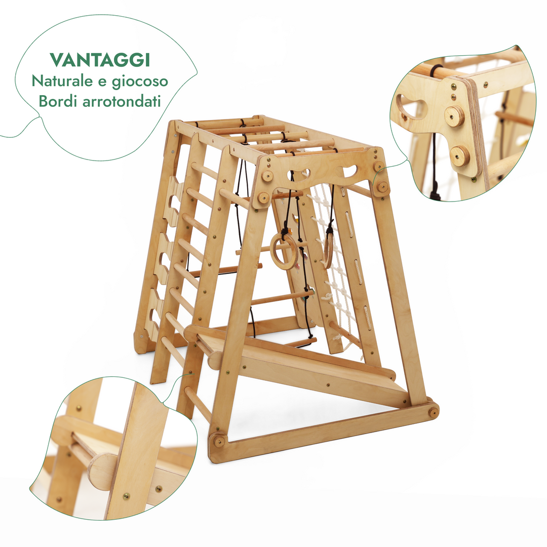 Set da Gioco Coperto per bambini 6in1: Parco Giochi + Altalena Doppia + Scivolo + Corda da Arrampicata + Scale