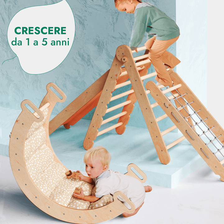 Set 5in1 Rampicante: Triangolo con scala, Arco/Dondolo, Tavola scivolo/Rampa, Rete da arrampicata e Cuscino