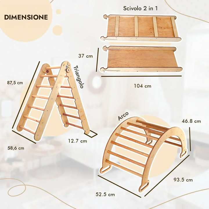 Set 4in1 Rampicante: Scala a Triangolo + Arco da Arrampicata + Tappetino Scivolo + Cuscino Beige
