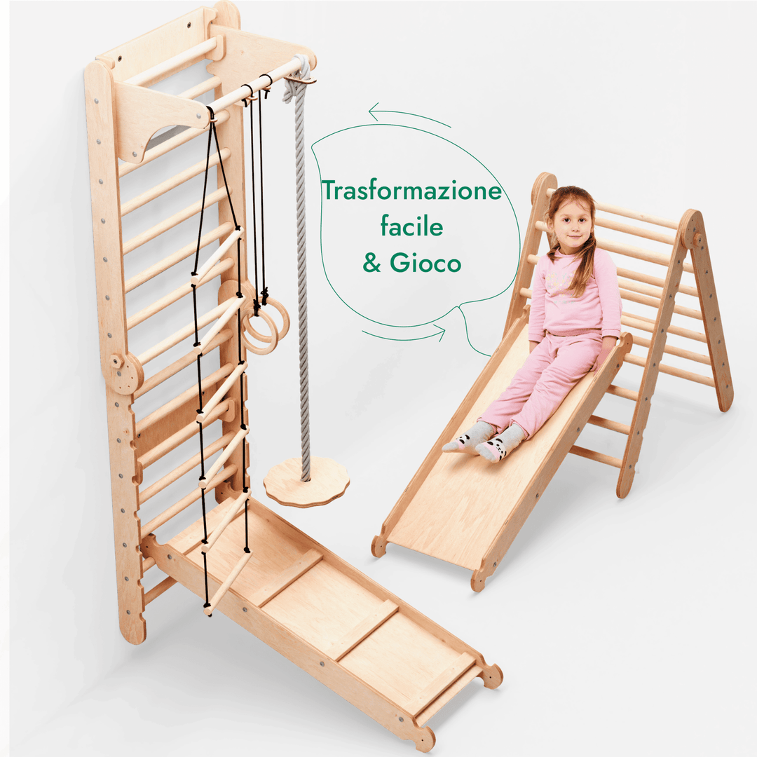 6in1 Spalliera Svedese in Legno / Scala da Arrampicata per Bambini + Set da Altalena + Tavola Scorrevole - Goodevas IT