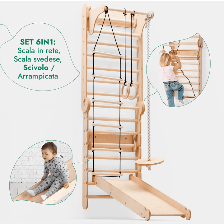 6in1 Spalliera Svedese in Legno / Scala da Arrampicata per Bambini + Set da Altalena + Tavola Scorrevole - Goodevas IT