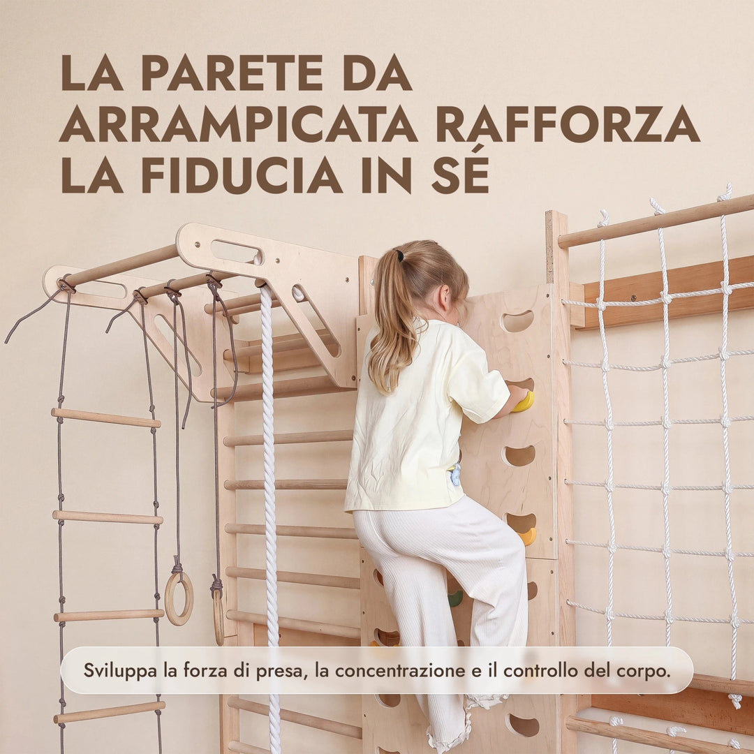 7-in-1 Parete da Arrampicata per Bambini: Spalliera, Prese, Rete, Sbarra Trazioni e Set Altalena 3in1 - Goodevas IT