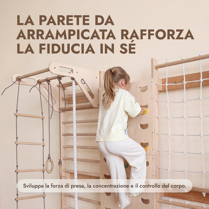 7-in-1 Parete da Arrampicata per Bambini: Spalliera, Prese, Rete, Sbarra Trazioni e Set Altalena 3in1 - Goodevas IT