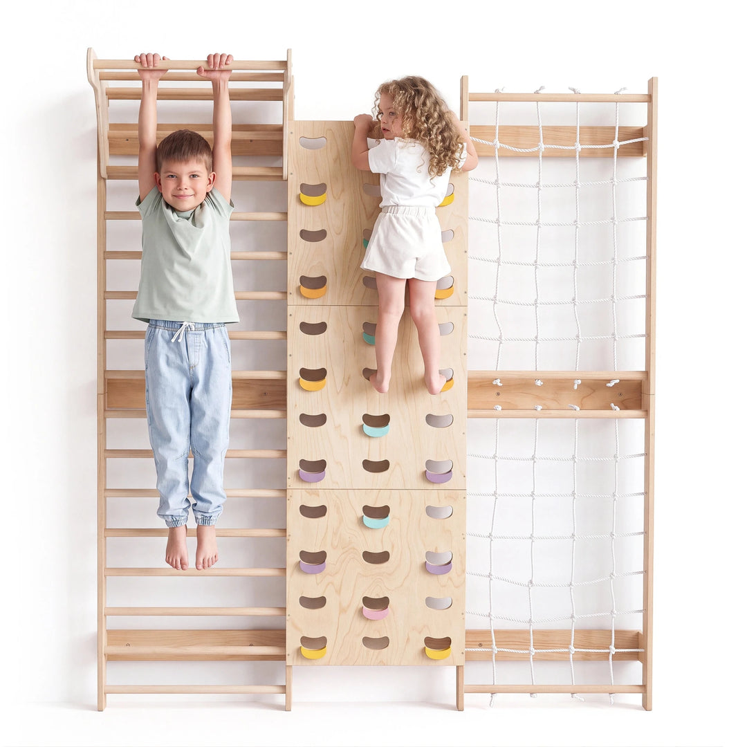 7-in-1 Parete da Arrampicata per Bambini: Spalliera, Prese, Rete, Sbarra Trazioni e Set Altalena 3in1 - Goodevas IT