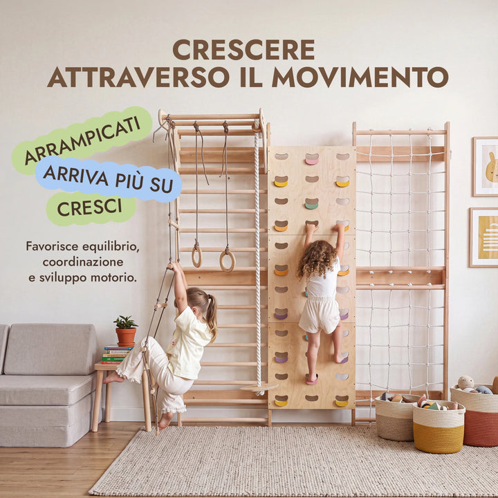 7-in-1 Parete da Arrampicata per Bambini: Spalliera, Prese, Rete, Sbarra Trazioni e Set Altalena 3in1 - Goodevas IT