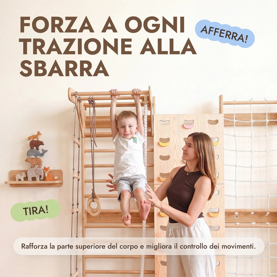 7-in-1 Parete da Arrampicata per Bambini: Spalliera, Prese, Rete, Sbarra Trazioni e Set Altalena 3in1 - Goodevas IT