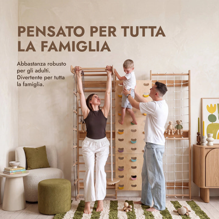 7-in-1 Parete da Arrampicata per Bambini: Spalliera, Prese, Rete, Sbarra Trazioni e Set Altalena 3in1 - Goodevas IT