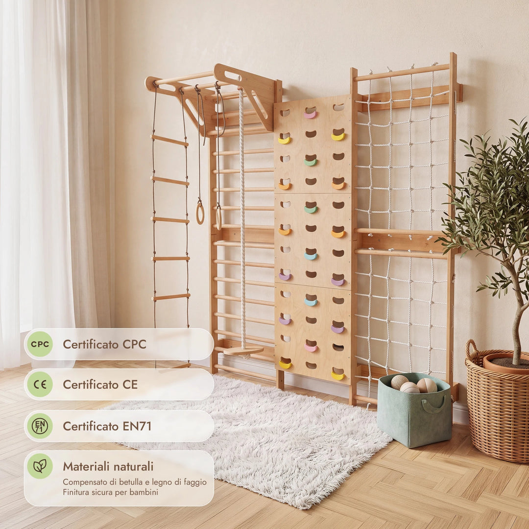 7-in-1 Parete da Arrampicata per Bambini: Spalliera, Prese, Rete, Sbarra Trazioni e Set Altalena 3in1 - Goodevas IT