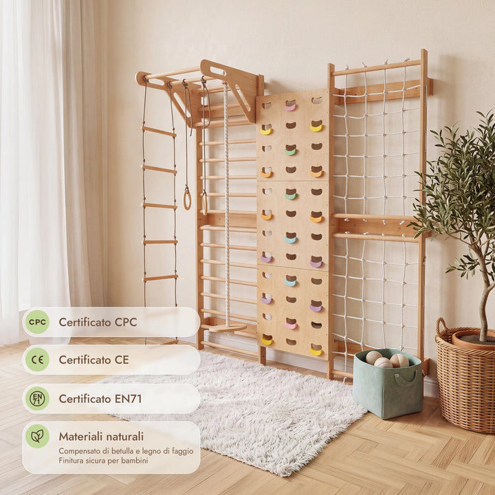 7-in-1 Parete da Arrampicata per Bambini: Spalliera, Prese, Rete, Sbarra Trazioni e Set Altalena 3in1 - Goodevas IT