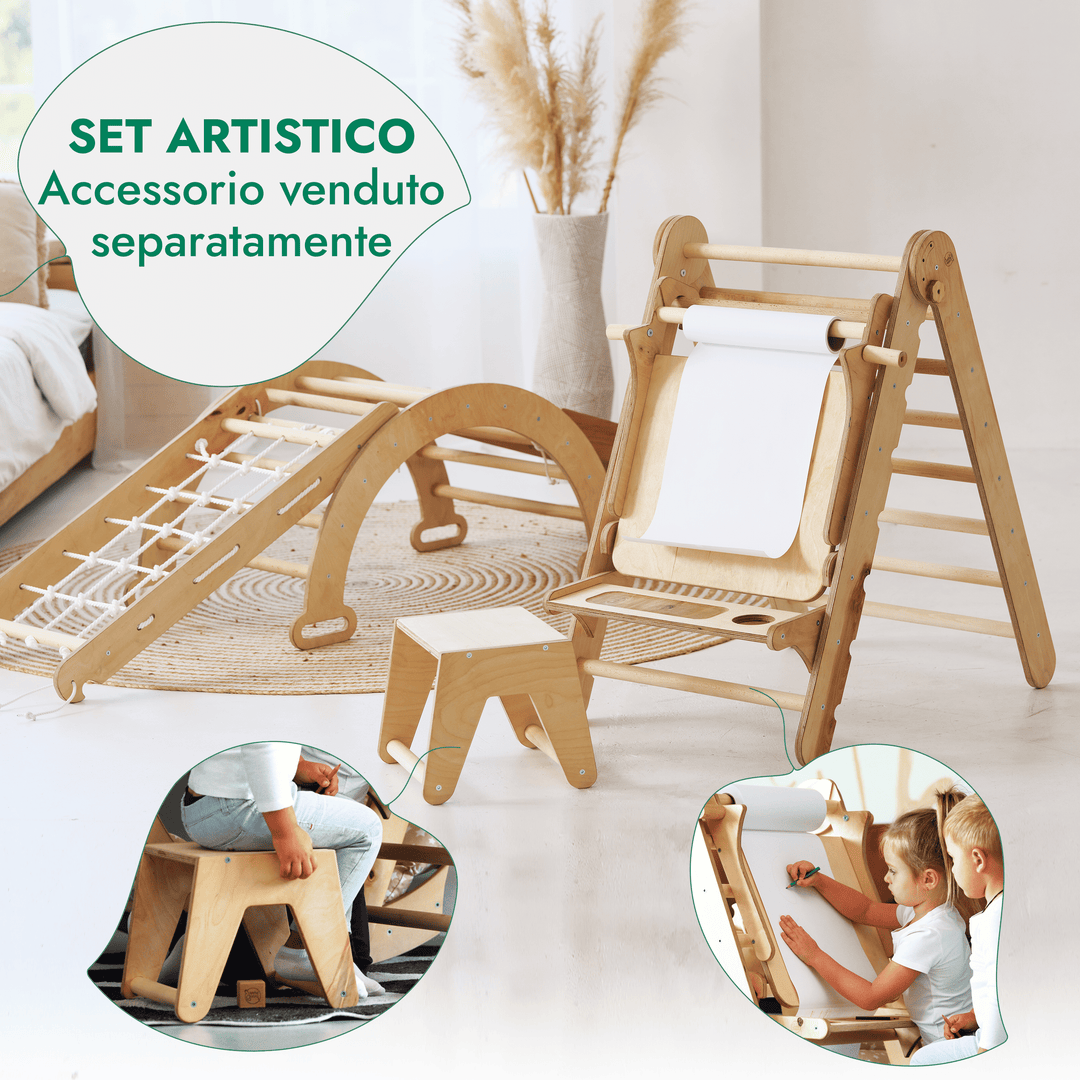 Set 4in1 Rampicante Montessor: Scala a Triangolo + Arco/Dondolo + Tavola/Rampa Scorrevole + Corda da Arrampicata