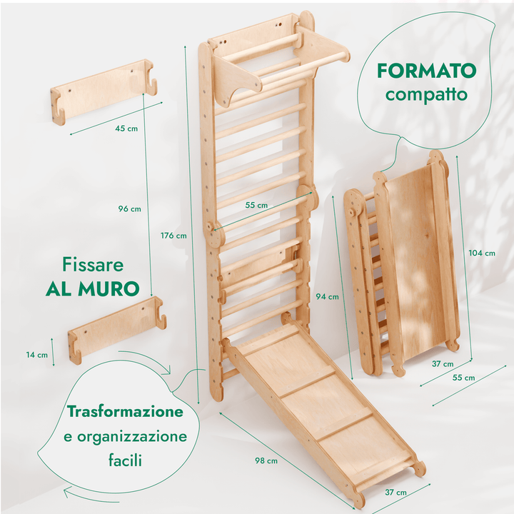 6in1 Spalliera Svedese in Legno / Scala da Arrampicata per Bambini + Set da Altalena + Tavola Scorrevole