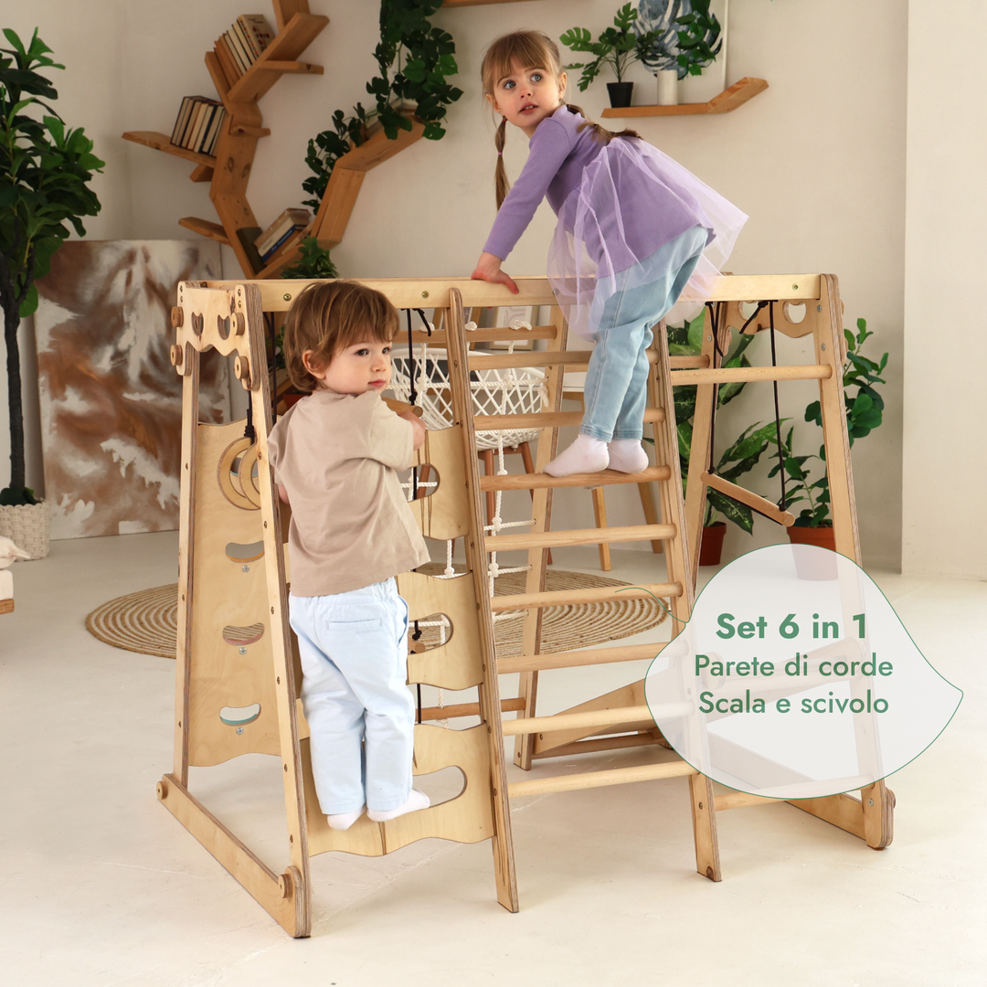 Set da Gioco Coperto per bambini 6in1: Parco Giochi + Altalena Doppia + Scivolo + Corda da Arrampicata + Scale