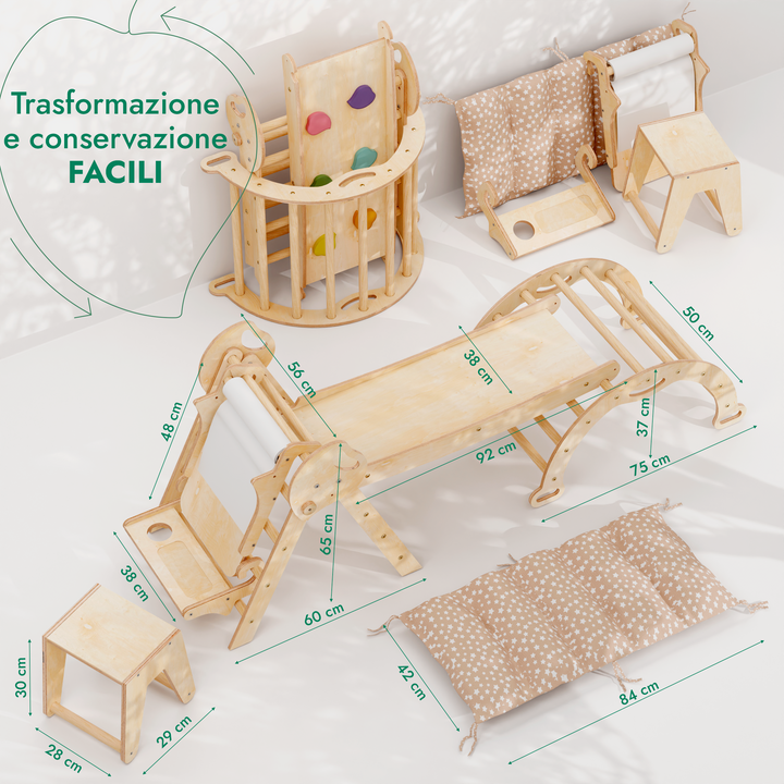 Set 5in1 Montessori per arrampicata: Triangolo di Pikler, Arco, Aggiunta Artistica + Tavola scivolo e Cuscino – per bambini da 1 a 3 anni